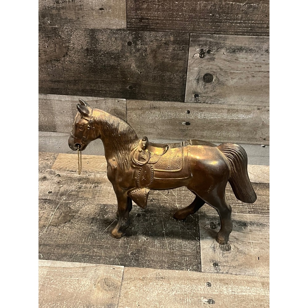 Vintage Copper Tone Metal Horse Figurine Western Saddle Bridle Decor 10 inch